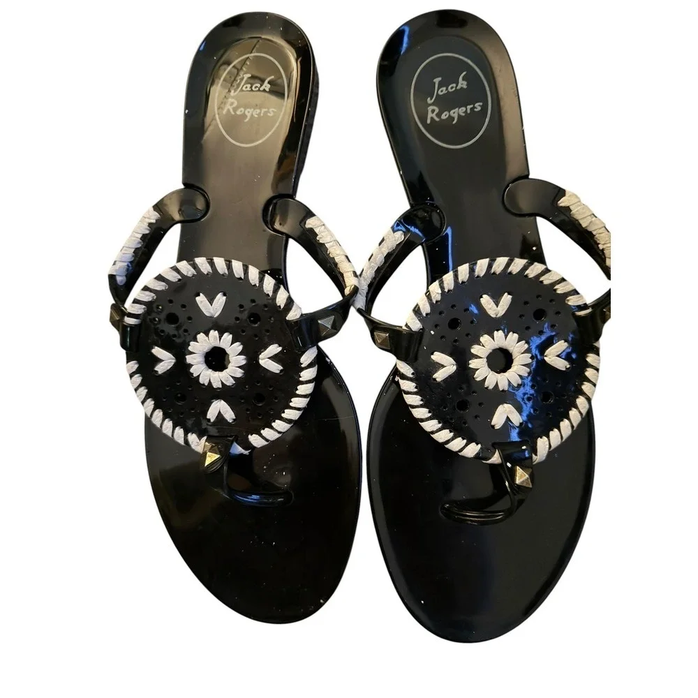 Jack Rogers Jelly Sandals Sz 9 Black White Tropical Boho Comfy Stylish